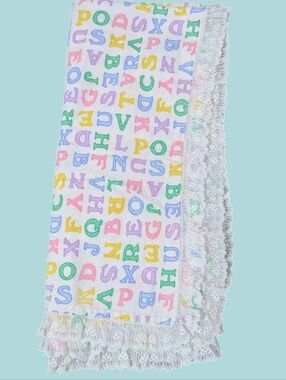 Vintage Nursery Crib ABC Baby RECEIVING BLANKET Pastel Colorful Soft Lace Detail